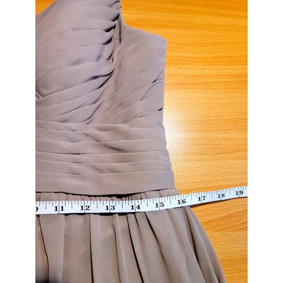 Azazie Bridesmaid Dress A10 Long Lace Pleated Romantic Taupe Chiffon Flowy Femme - Picture 5 of 16